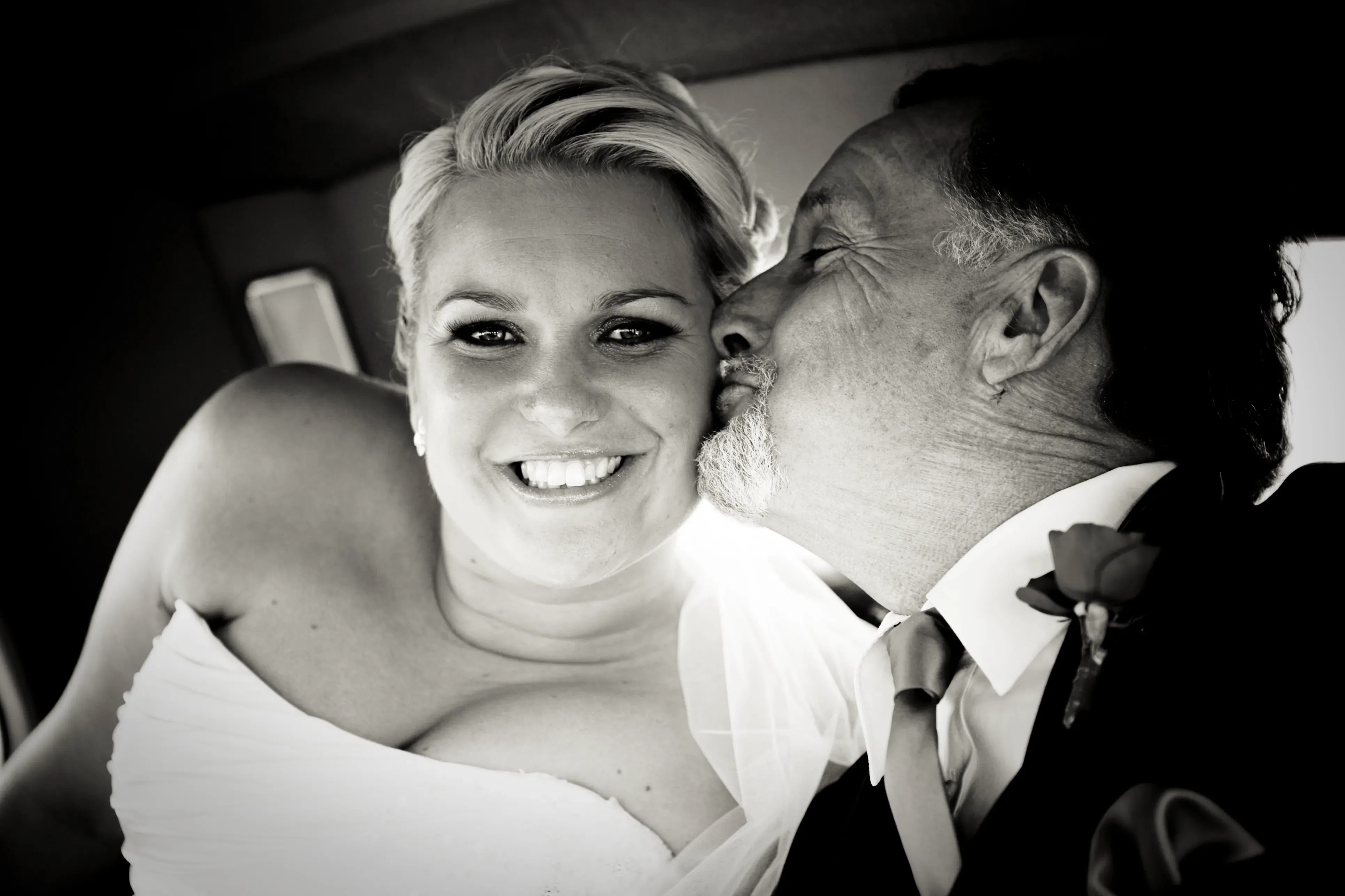 A Bellus bride with her father late in the day, her soft glam makeup still exactly as it was set