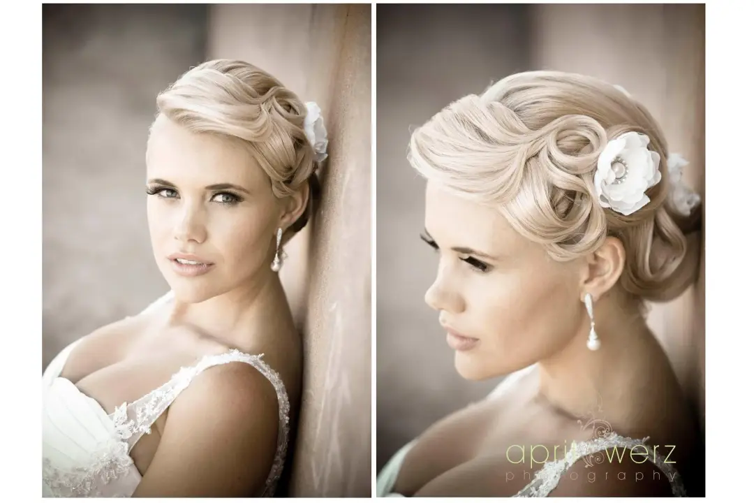 Two views of a vintage finger wave style dressed with a white fabric flower