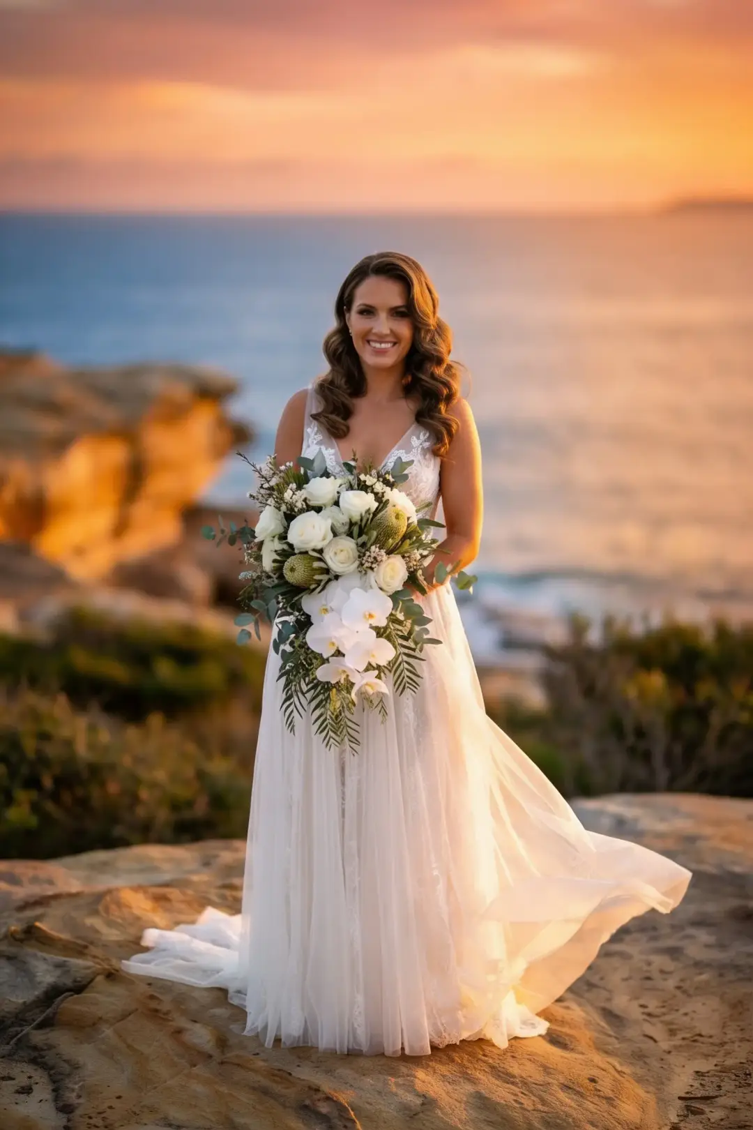 Central Coast bride on the headland at sunset, her hair in loose brushed out waves worn to one side, by Amanda Frost of Bellus