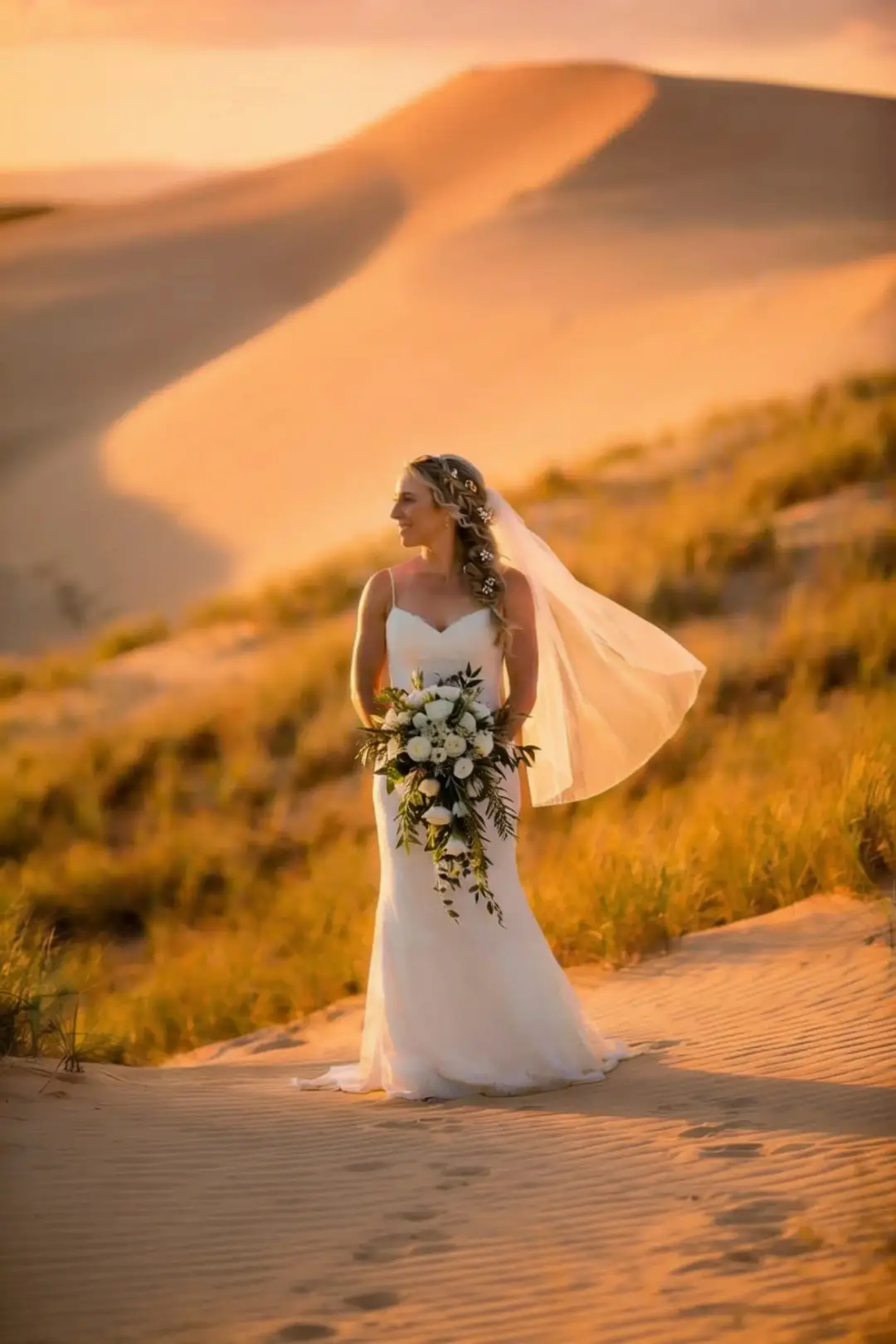 Port Stephens bride on the Stockton dunes at sunset, her hair braided and pinned beneath a veil, by Amanda Frost of Bellus