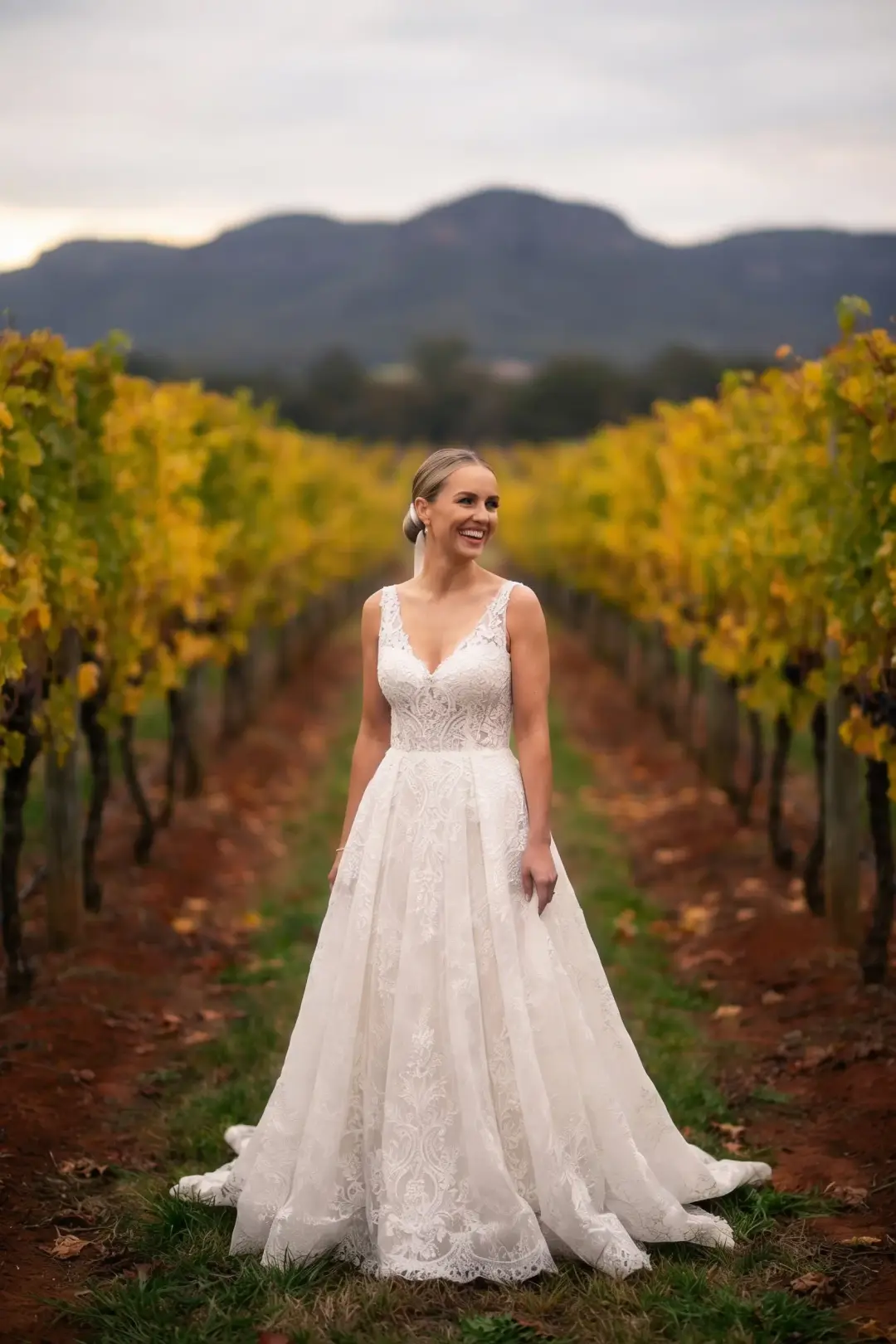 Hunter Valley bride standing between the vine rows with the Brokenback Range behind, her hair pinned into a low updo, by Amanda Frost of Bellus